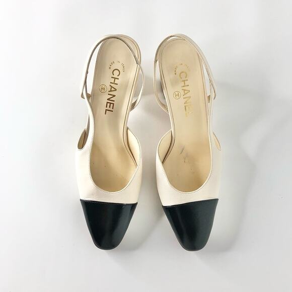 Chanel Interlocking CC Beige Glazed Calfskin Cap Toe Slingback Heeled Pumps 39 - Picture 2 of 14